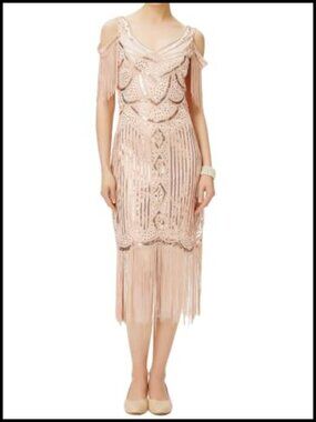 V-Neck Sequin Beaded Fringe Flapper Dress Sleeveless Vintage Party